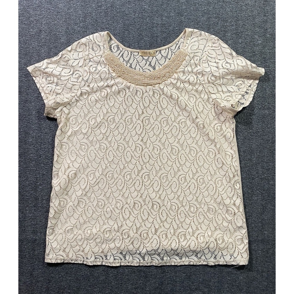 Lavish Womens Ivory Lace Pearl Neck Short Sleeve Top XL M3458